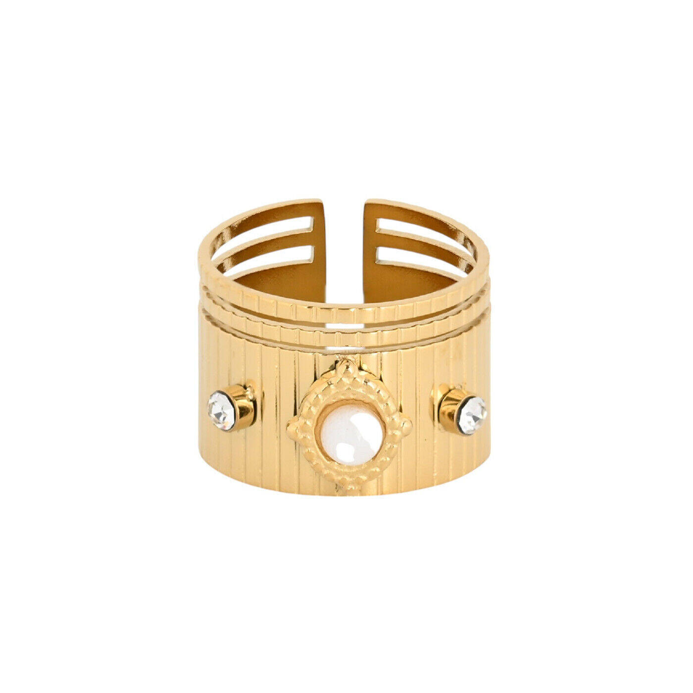 Bague réglable acier large pierre Howlite et zircon