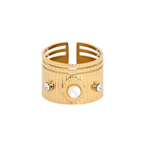 Bague réglable acier large pierre Howlite et zircon