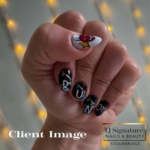 Stranger Things–inspired, fully hand-painted nail art on builder gel. One nail was broken, and the client chose to keep it natural without a tip — the design was still completed seamlessly.