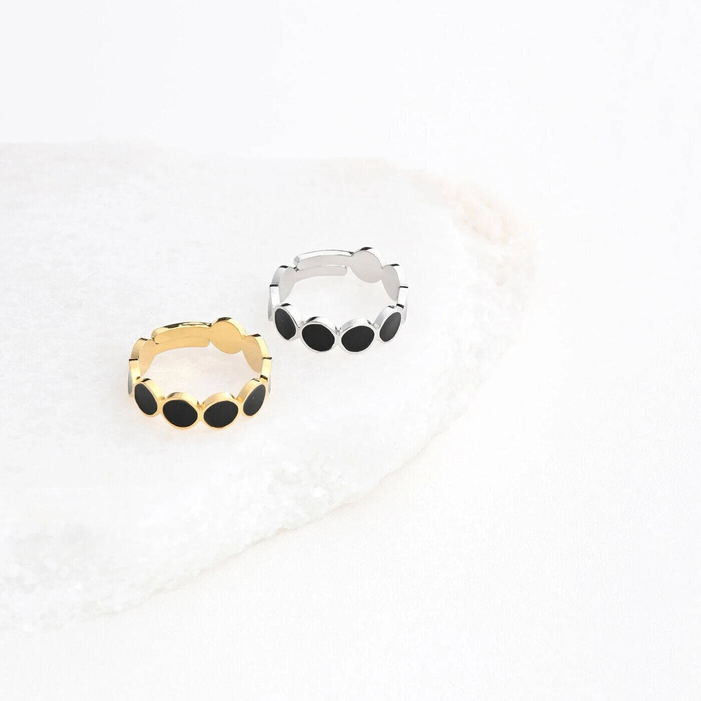 Bague réglable acier rond noir argenté
