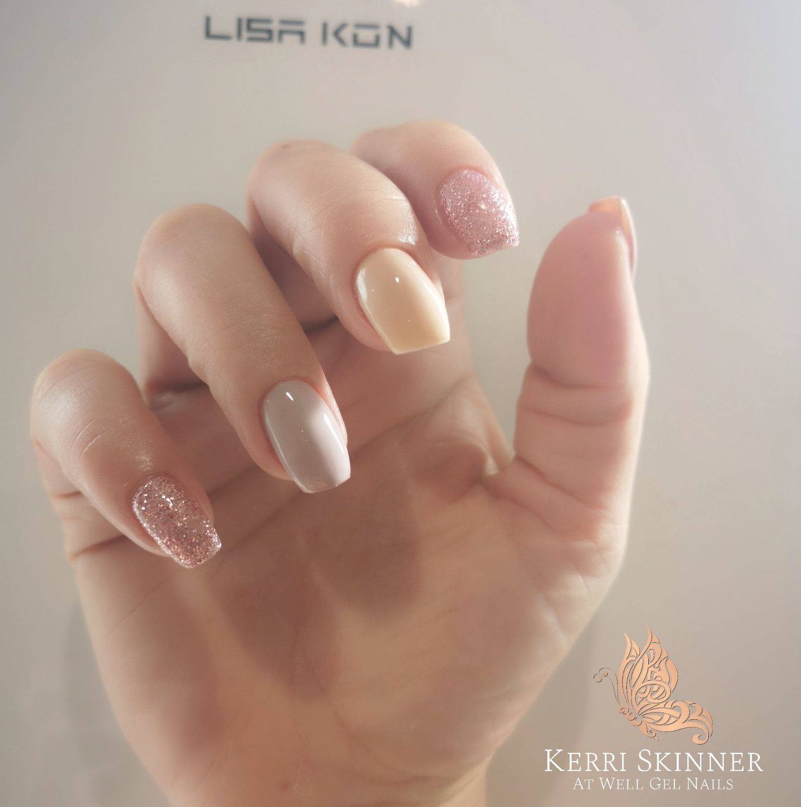 Gorgeous nudes with glitter 
Lisa kon hard gel infills 