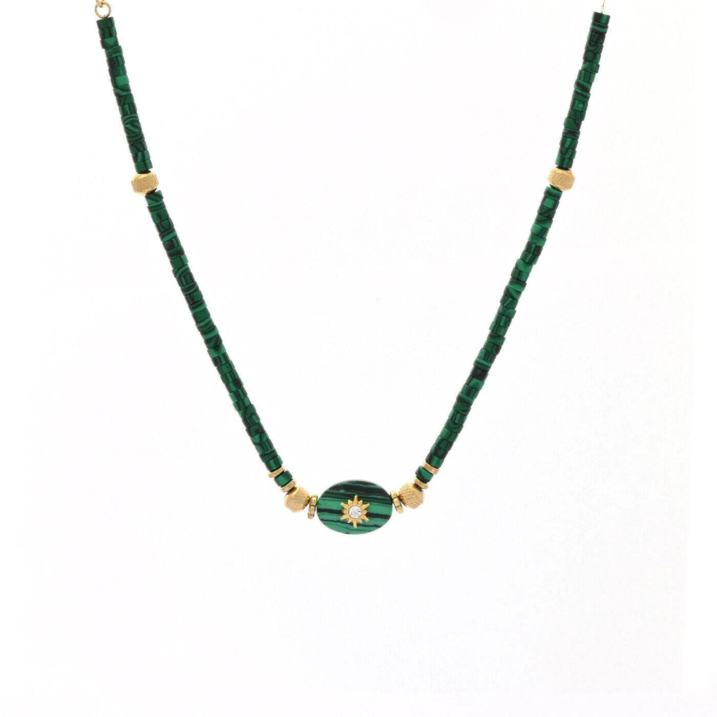 Collier en acier pierres naturelles malachite avec soleil 