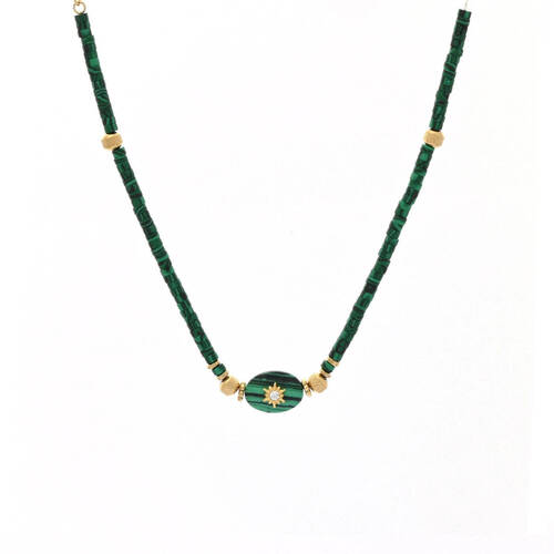Collier en acier pierres naturelles malachite avec soleil 