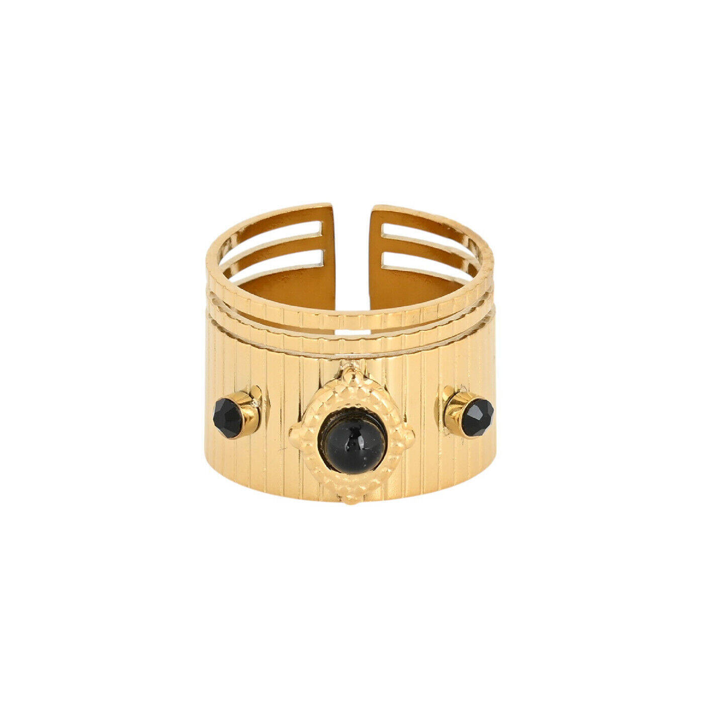 Bague réglable acier large pierre onyx