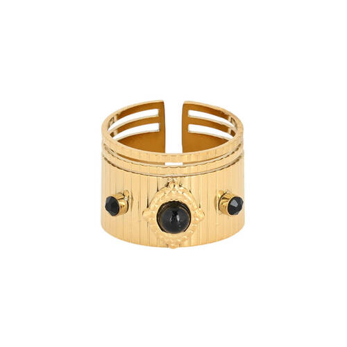 Bague réglable acier large pierre onyx