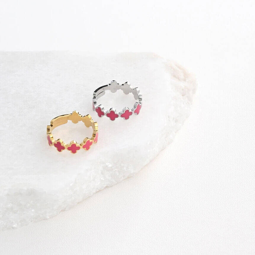 Bague réglable acier trèfles rose argenté